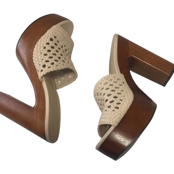 Veronica Beard Guadalupe Woven Leather Wooden-Heel Mules in Shell Women’s Size 8 - Picture 4 of 11